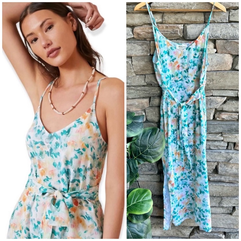 anthropologie cloth and stone floral midi dress blue spaghetti strap v-neck